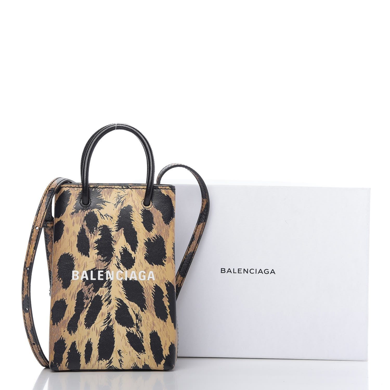 Balenciaga Smooth Calfskin Leopard Print Logo Shopping Phone Holder Bag Beige Black 9 of 9