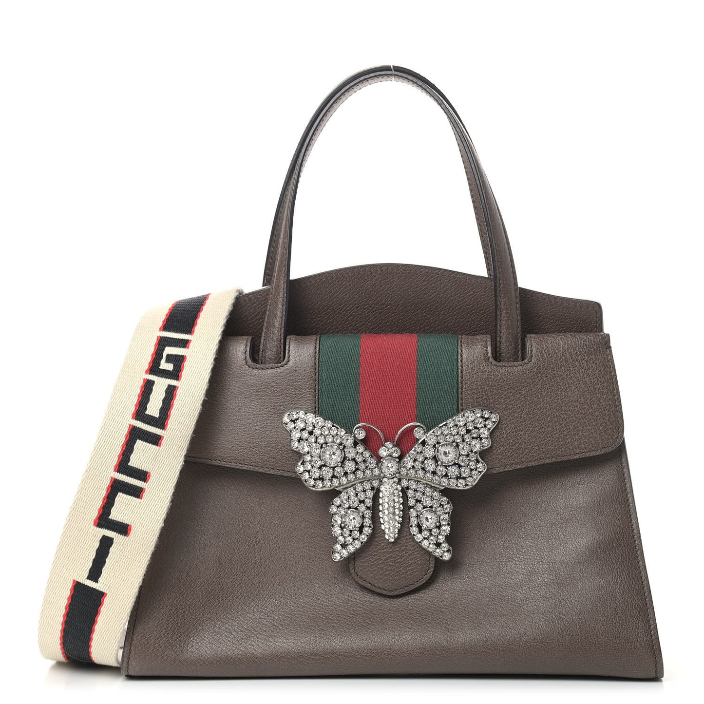 Textured Calfskin Web Crystal Butterfly Stripe Medium Totem Top Handle Bag New Acero