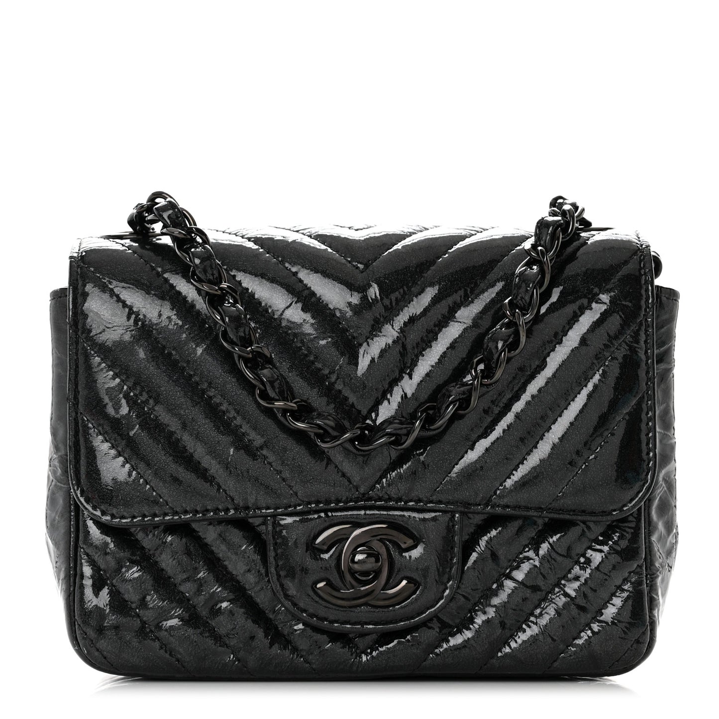 Metallic Crumpled Calfskin Chevron Quilted Mini Square Flap Black