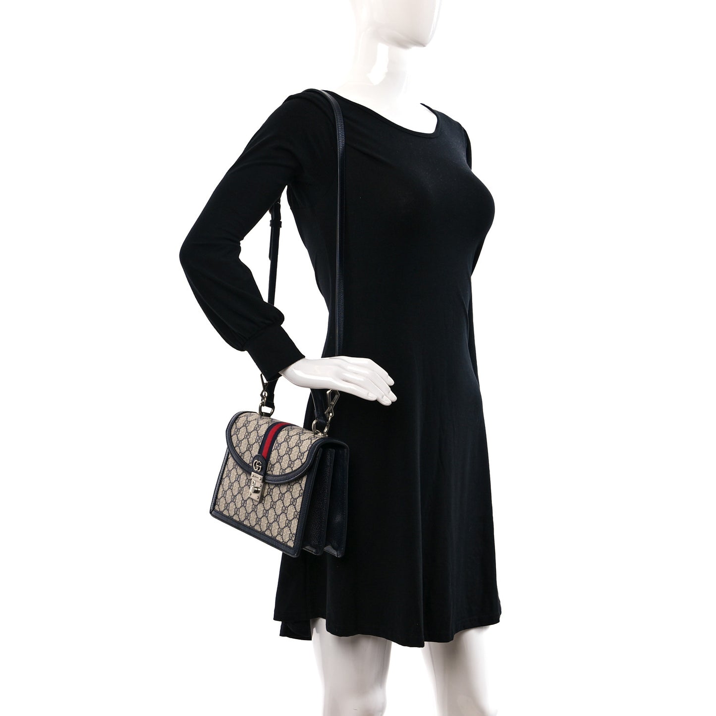 GG Supreme Monogram Textured Dollar Calfskin Web Small Ophidia Padlock Top Handle Bag Beige Blue