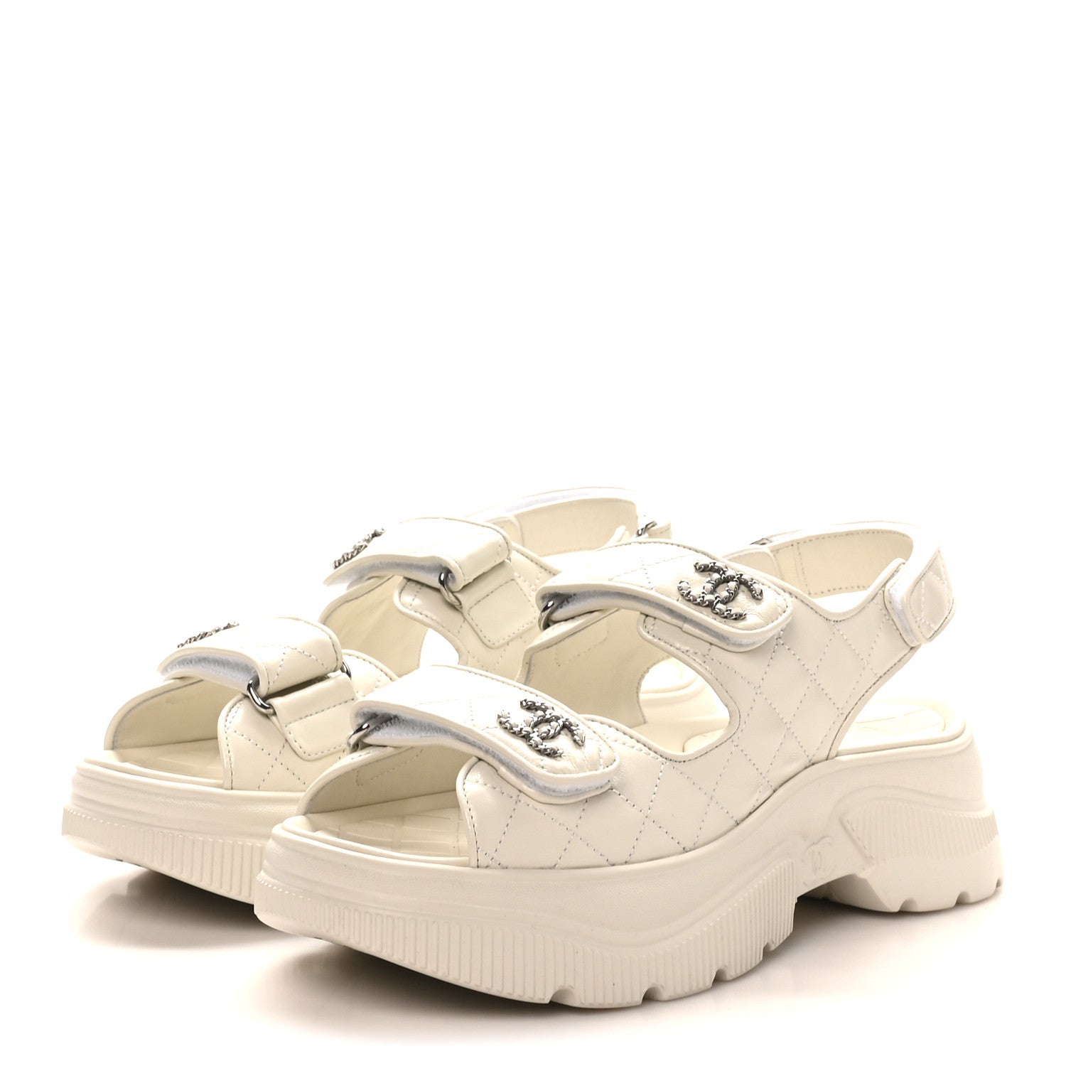 Chanel Shiny Calfskin Chain CC Velcro Dad Platform Sandals 39 White 4 of 9