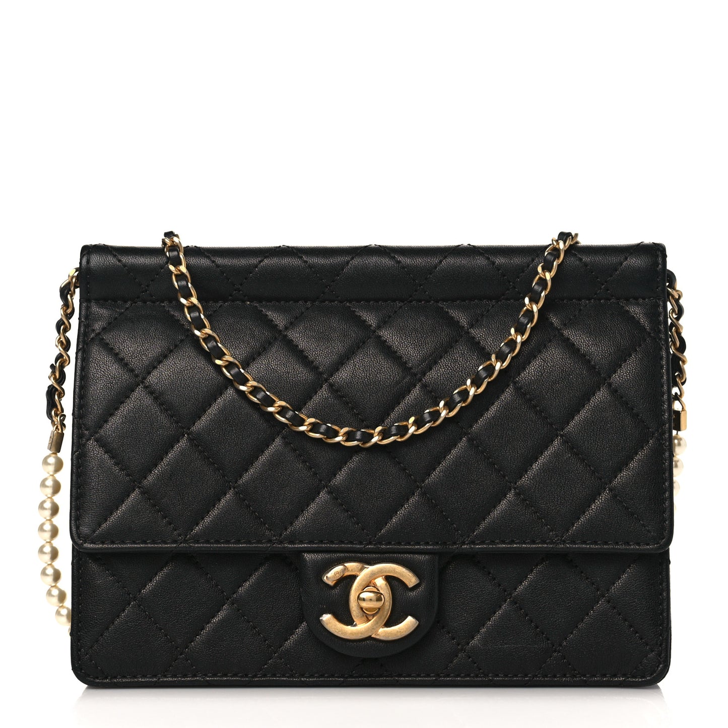 Lambskin Quilted Large Pearl Chain Flap Bag Black