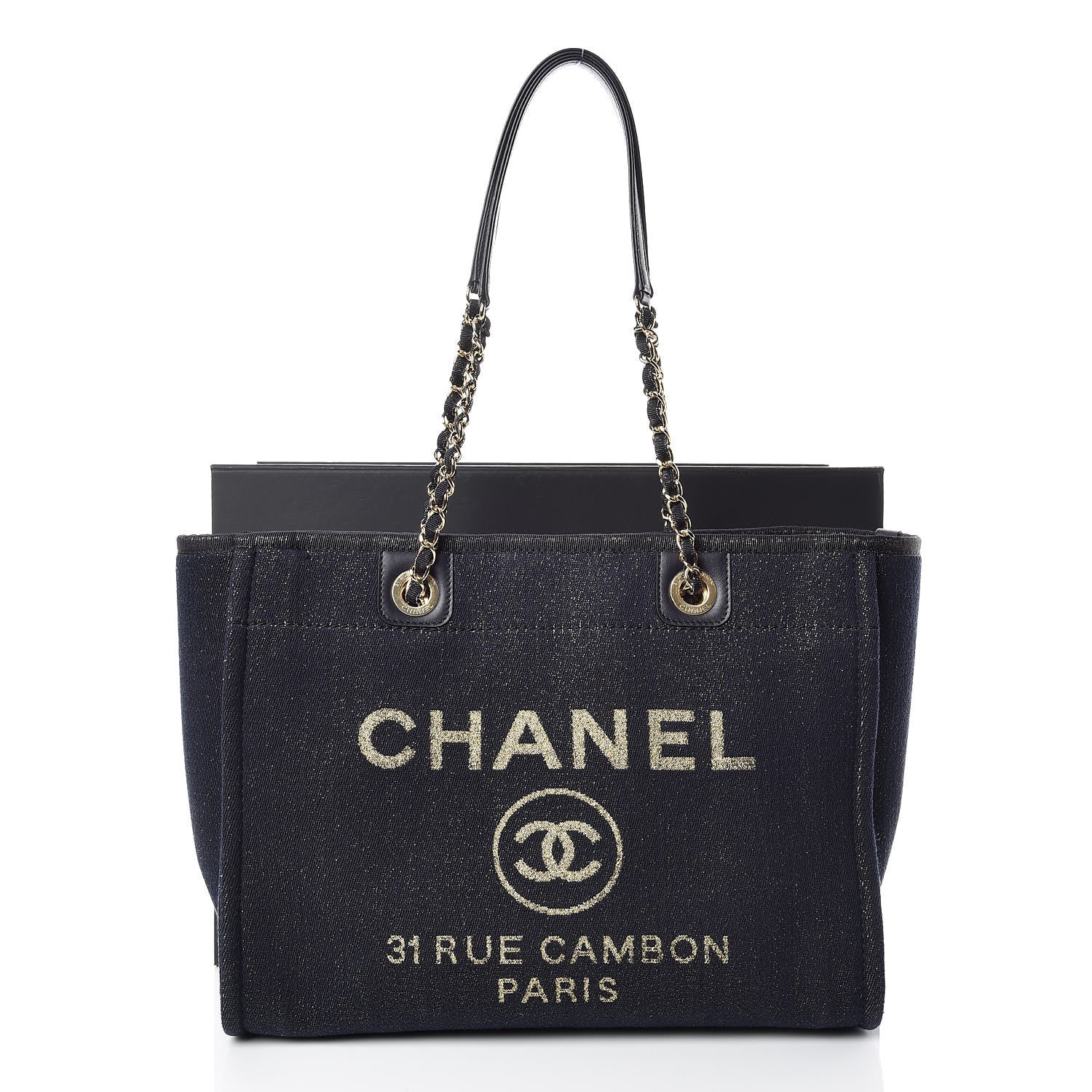 Chanel Lurex Canvas Small Deauville Tote Navy Blue Gold 10 of 10