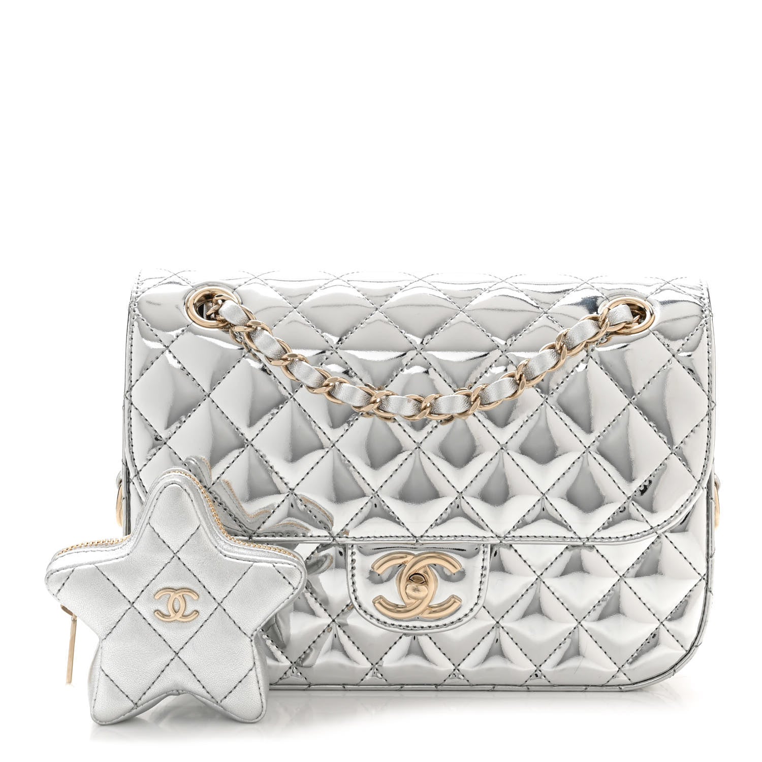Chanel Mirror Calfskin Metallic Calfskin Medium Hollywood Boulevard Flap With Star Coin Purse Silvery 3 of 12
