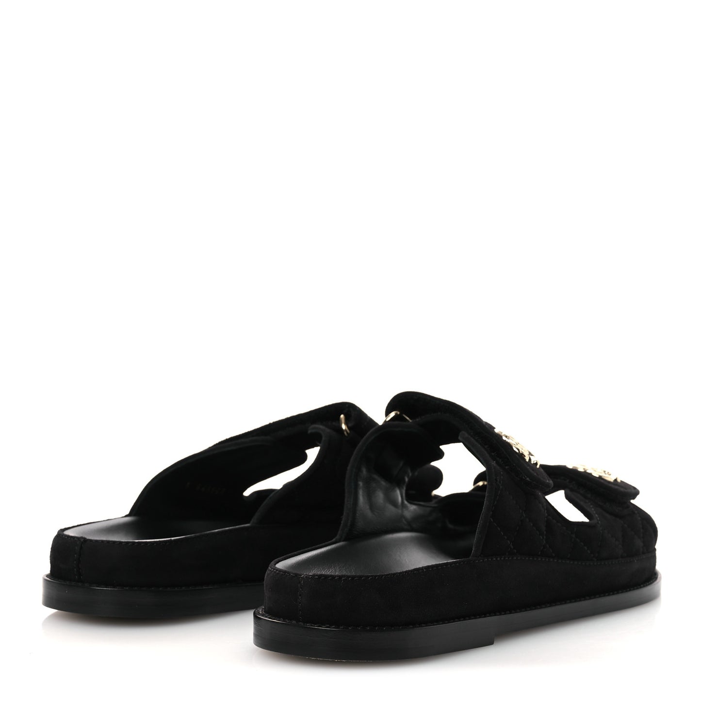 Suede Kidskin Quilted Velcro Dad Chain CC Slide Sandals 40 Black