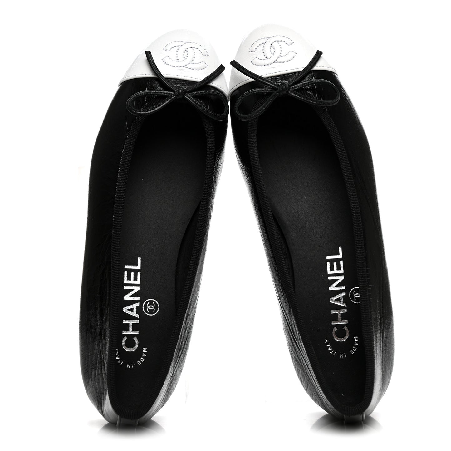 Crumpled Shiny Lambskin Cap Toe CC Ballerina Flats 36.5 Black White