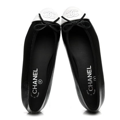 Chanel Crumpled Shiny Lambskin Cap Toe CC Ballerina Flats 36.5 Black White 2 of 9