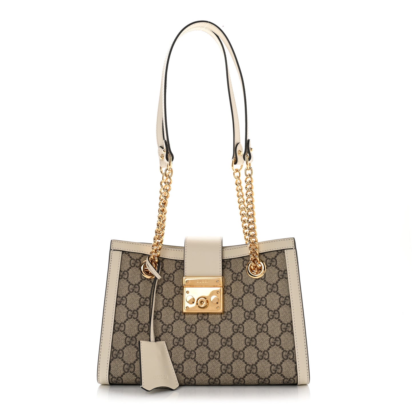 GG Supreme Monogram Moon Calfskin Small Padlock Tote Beige Ebony Mystic White