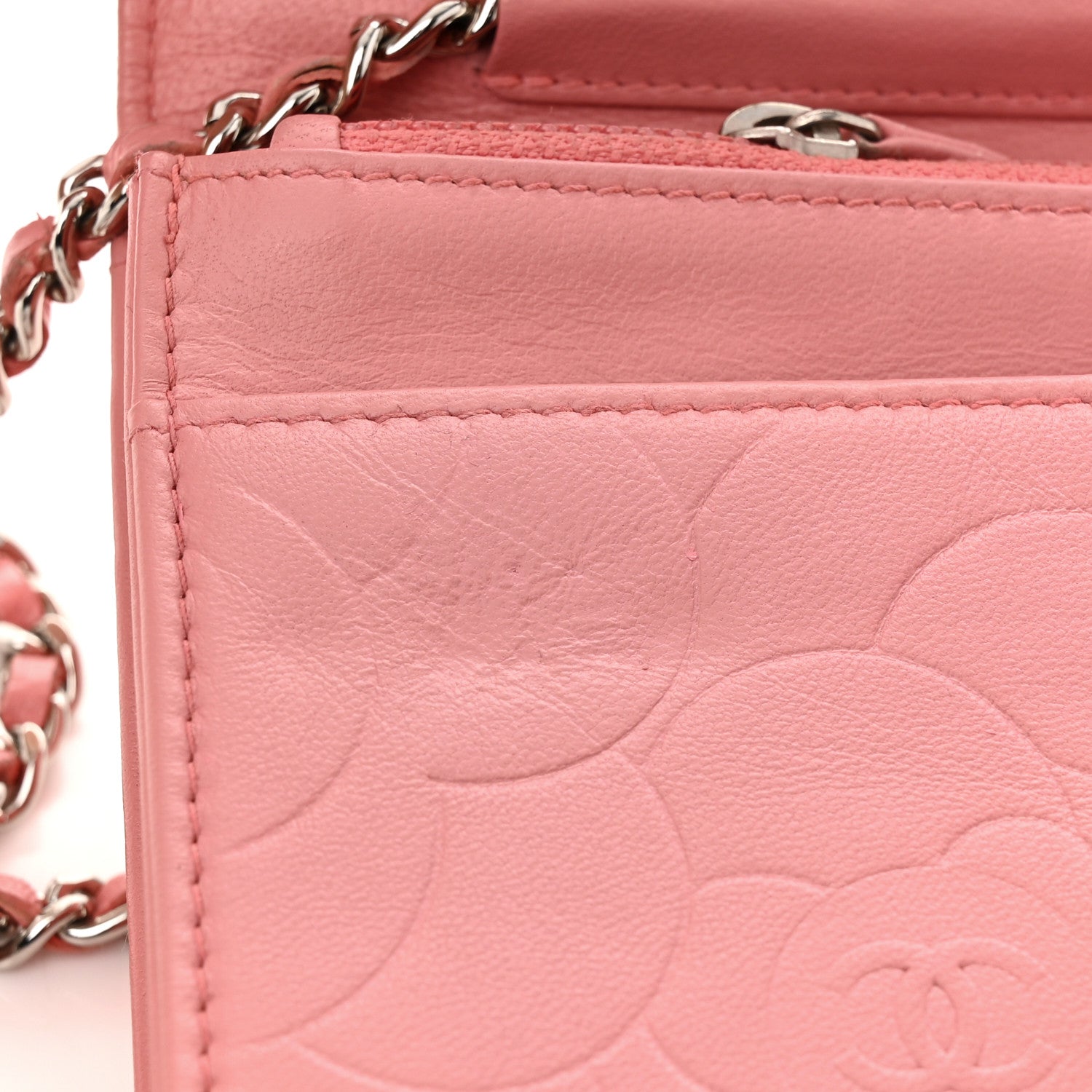 Chanel Lambskin Camellia Embossed Wallet on Chain WOC Pink 13 of 13