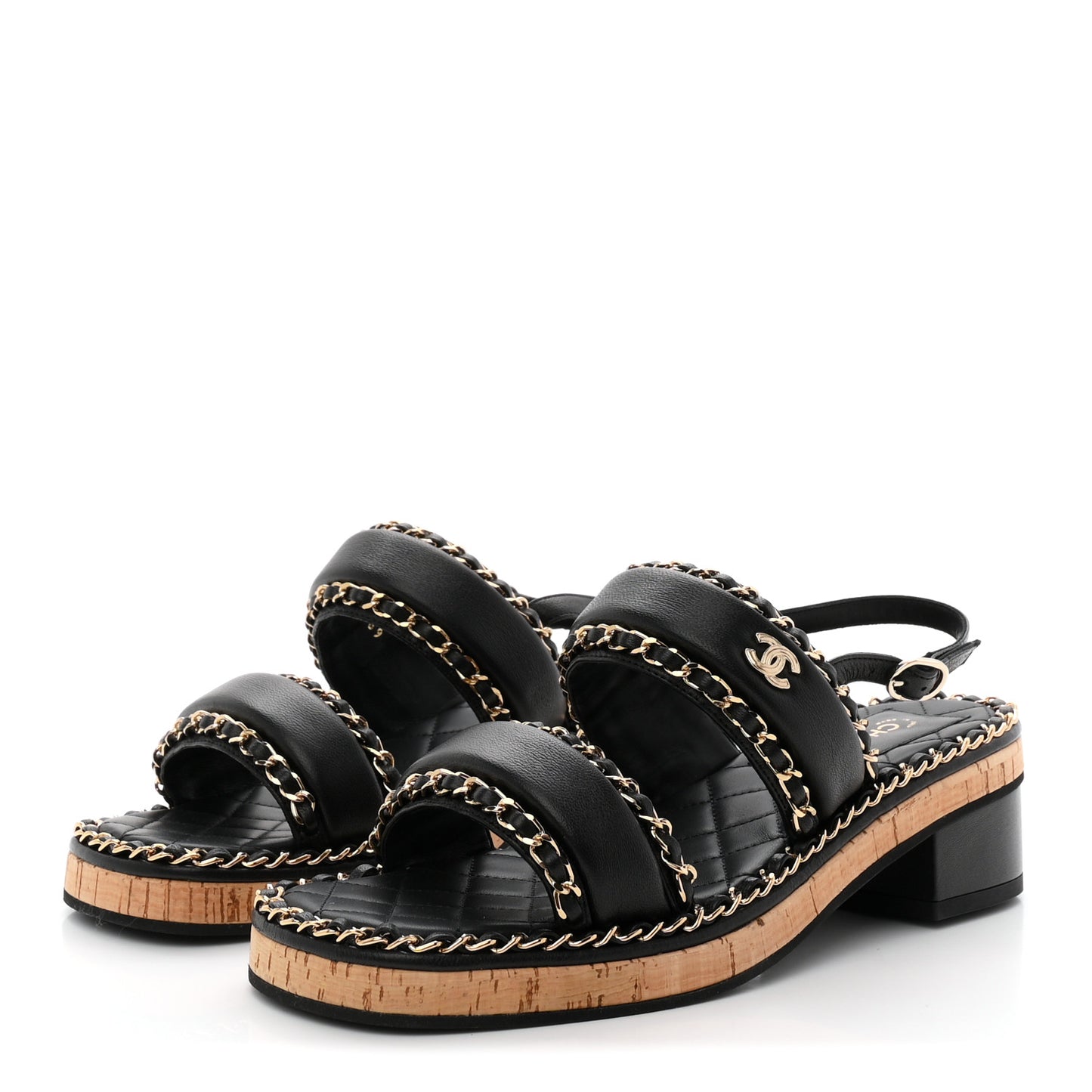 Lambskin Cork Chain Sandals 38 Black