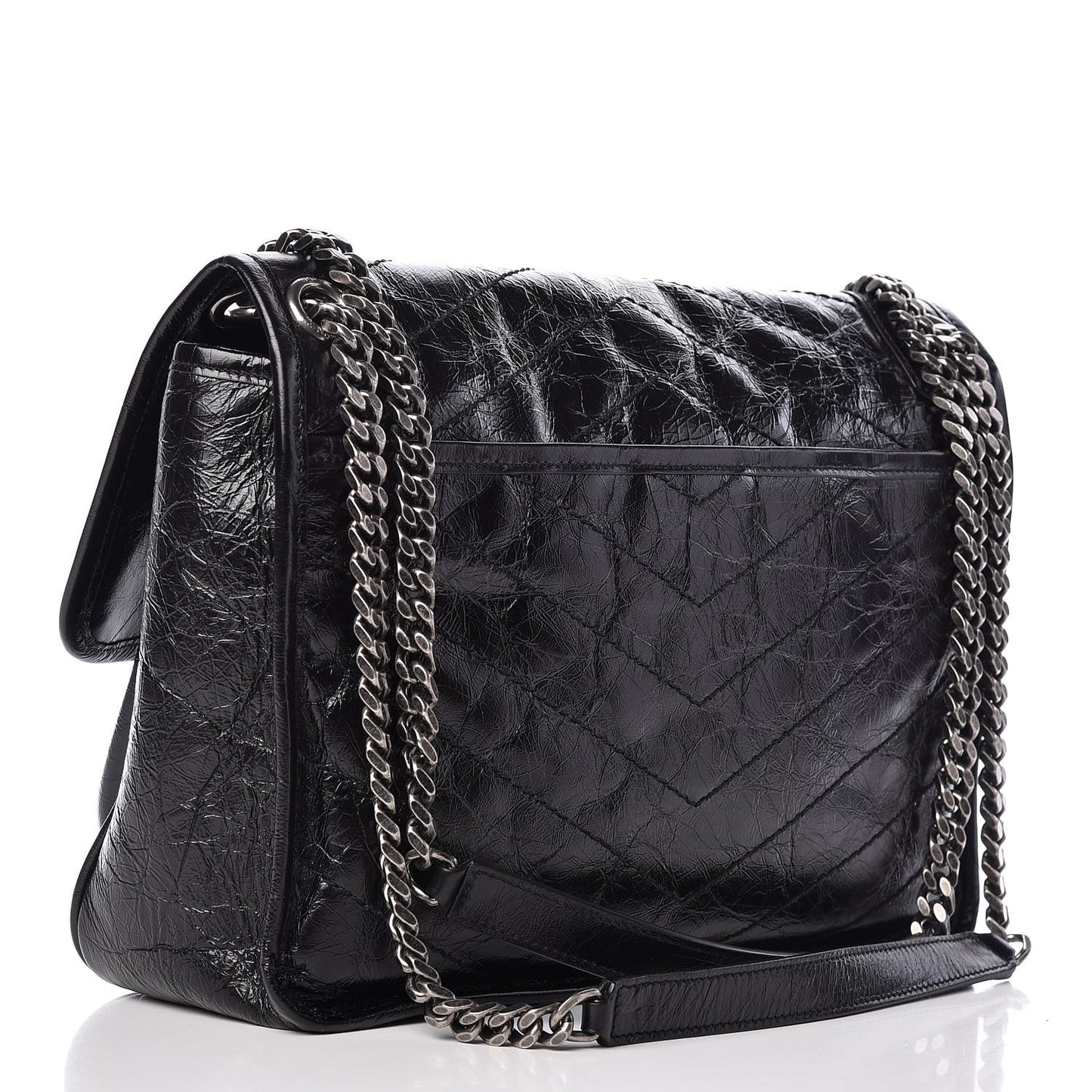 Crinkled Calfskin Matelasse Monogram Medium Niki Chain Satchel Black