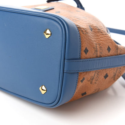 MCM Visetos Small Heritage Drawstring Bucket Bag Cognac Blue 7 of 10