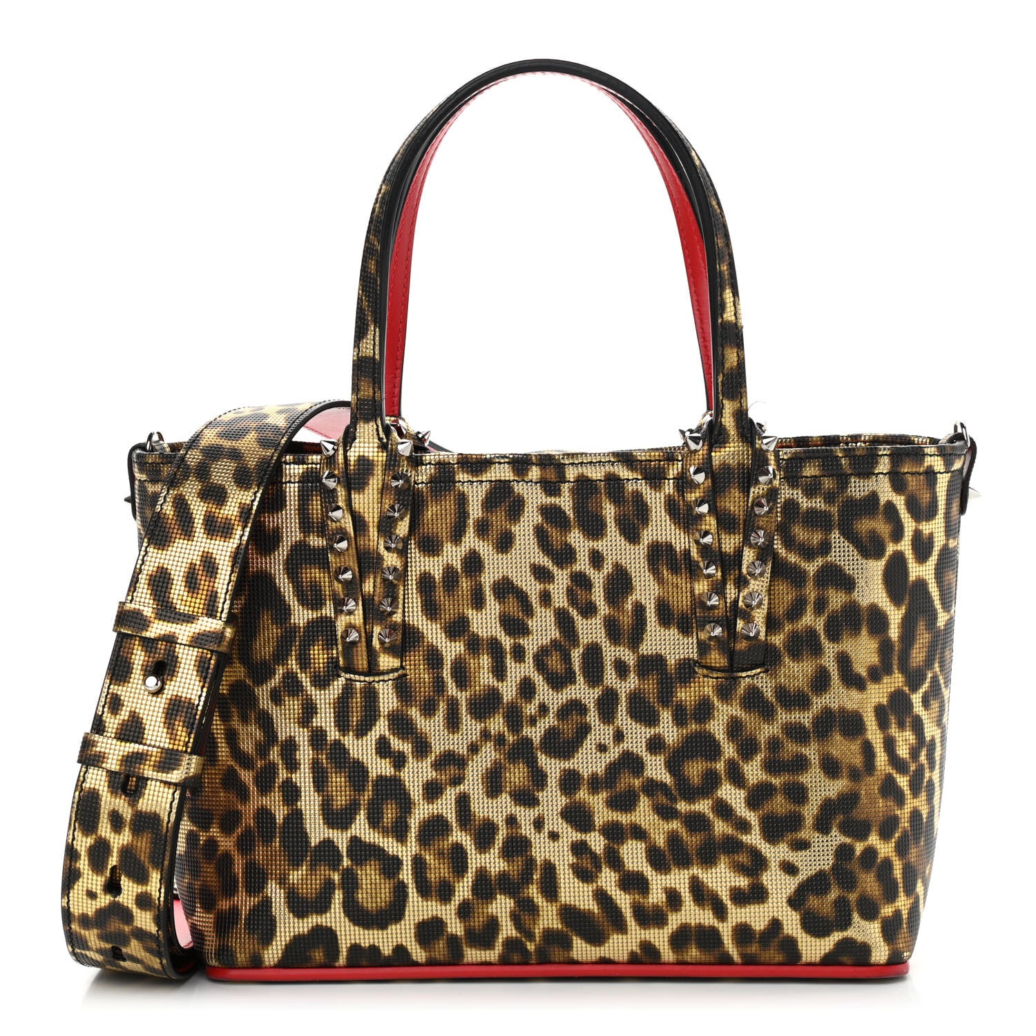 Christian Louboutin Grained Calfskin Leopard Print Spikes Mini East West Cabata Tote Gold 1 of 11