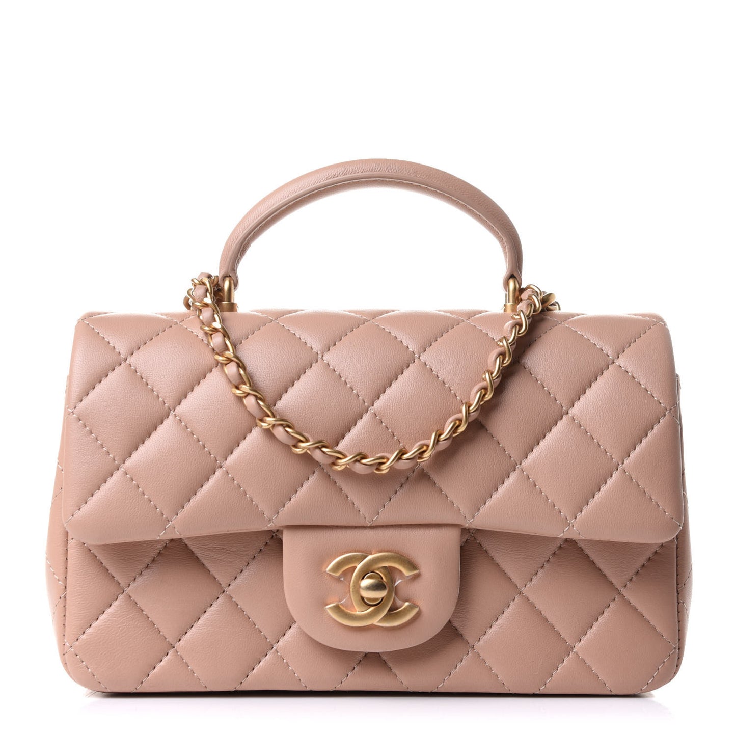 Lambskin Quilted Mini Top Handle Rectangular Flap Beige