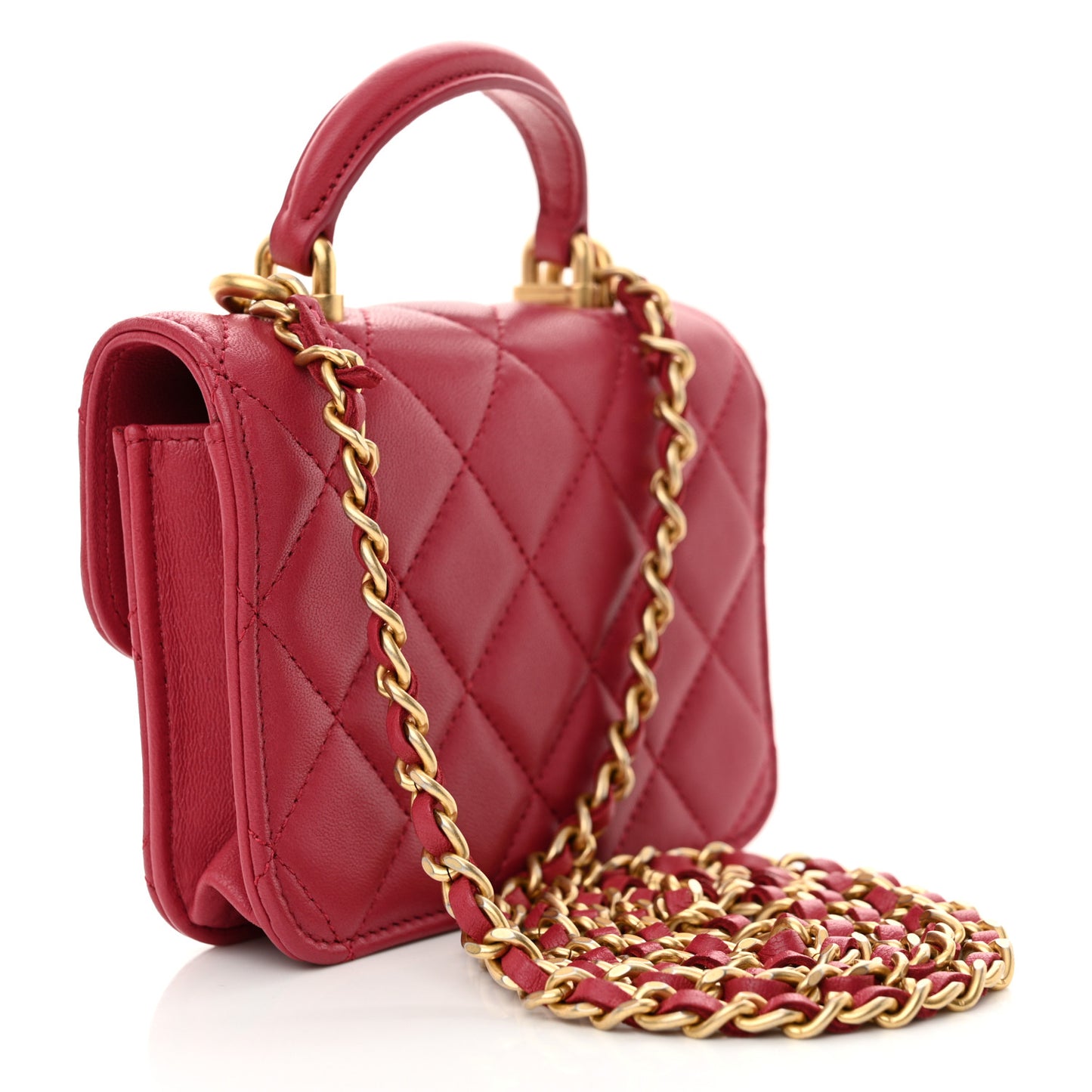 Lambskin Quilted Top Handle Flap Coin Purse With Chain Dark Pink