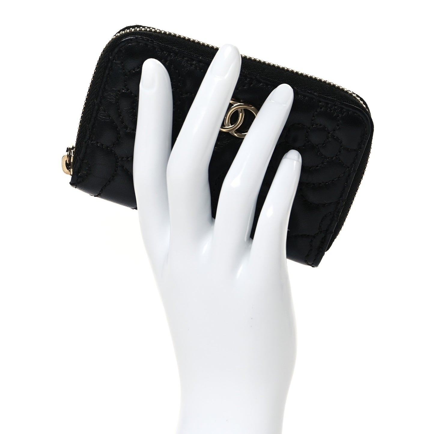 Lambskin Camellia Embossed Zip Coin Purse Black