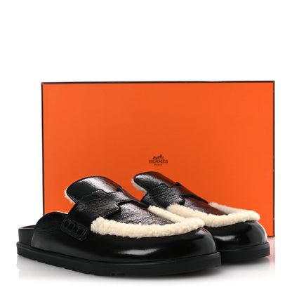 Hermes Glazed Nappa Shearling Shearling Go Mules 37.5 Black Ecru 12 of 12