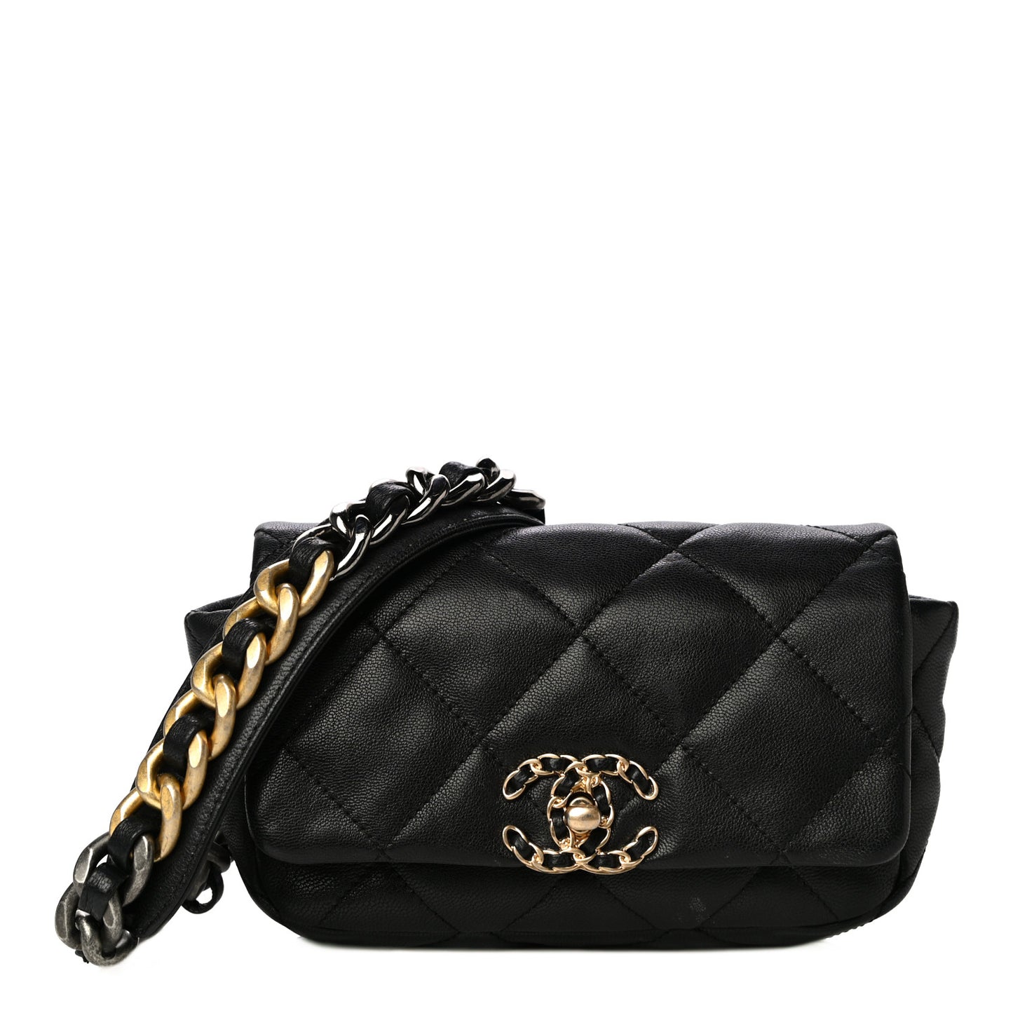 Goatskin Quilted Chanel 19 Waist Bag Black