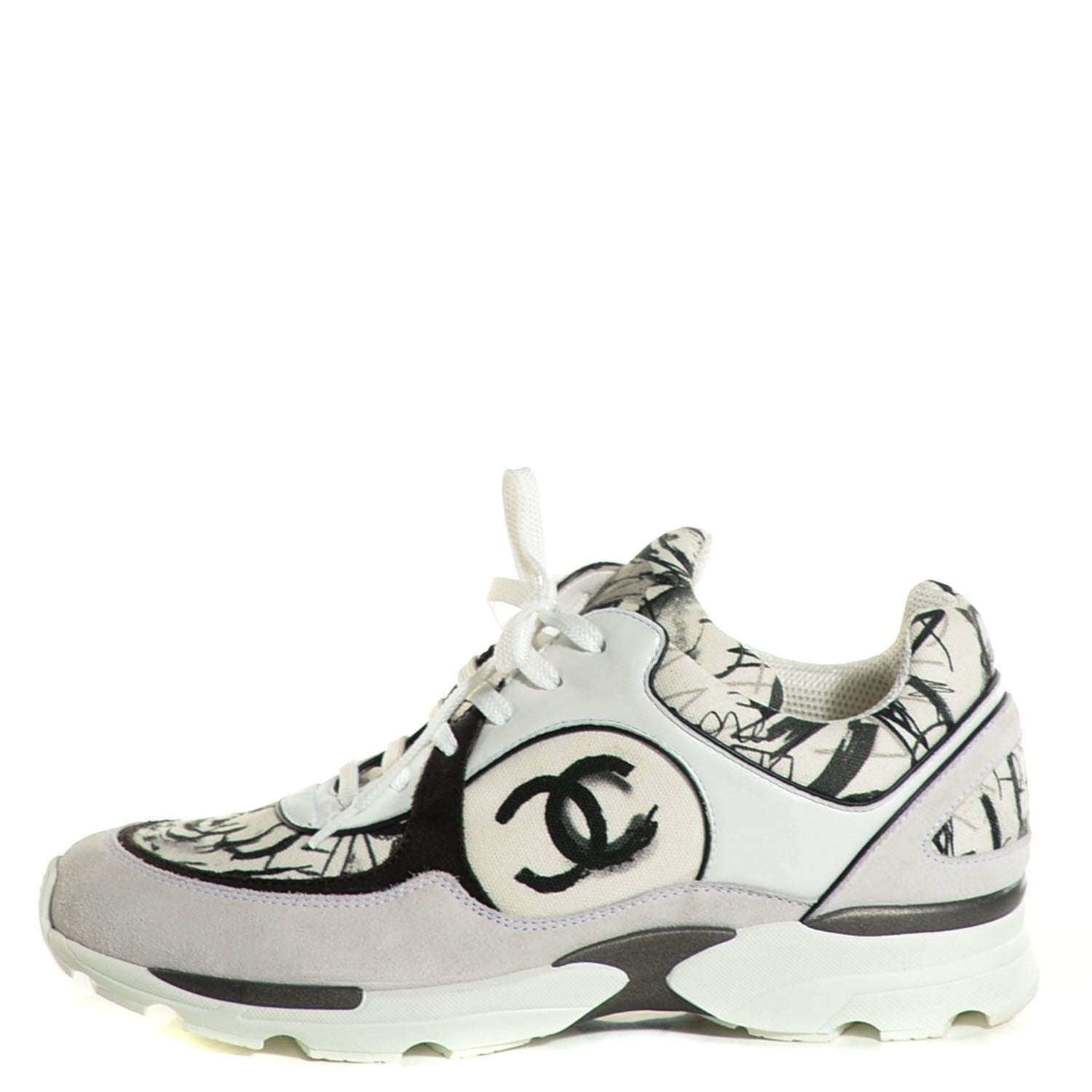 Chanel Suede Calfskin CC Sneakers 39.5 White Black 1 of 7