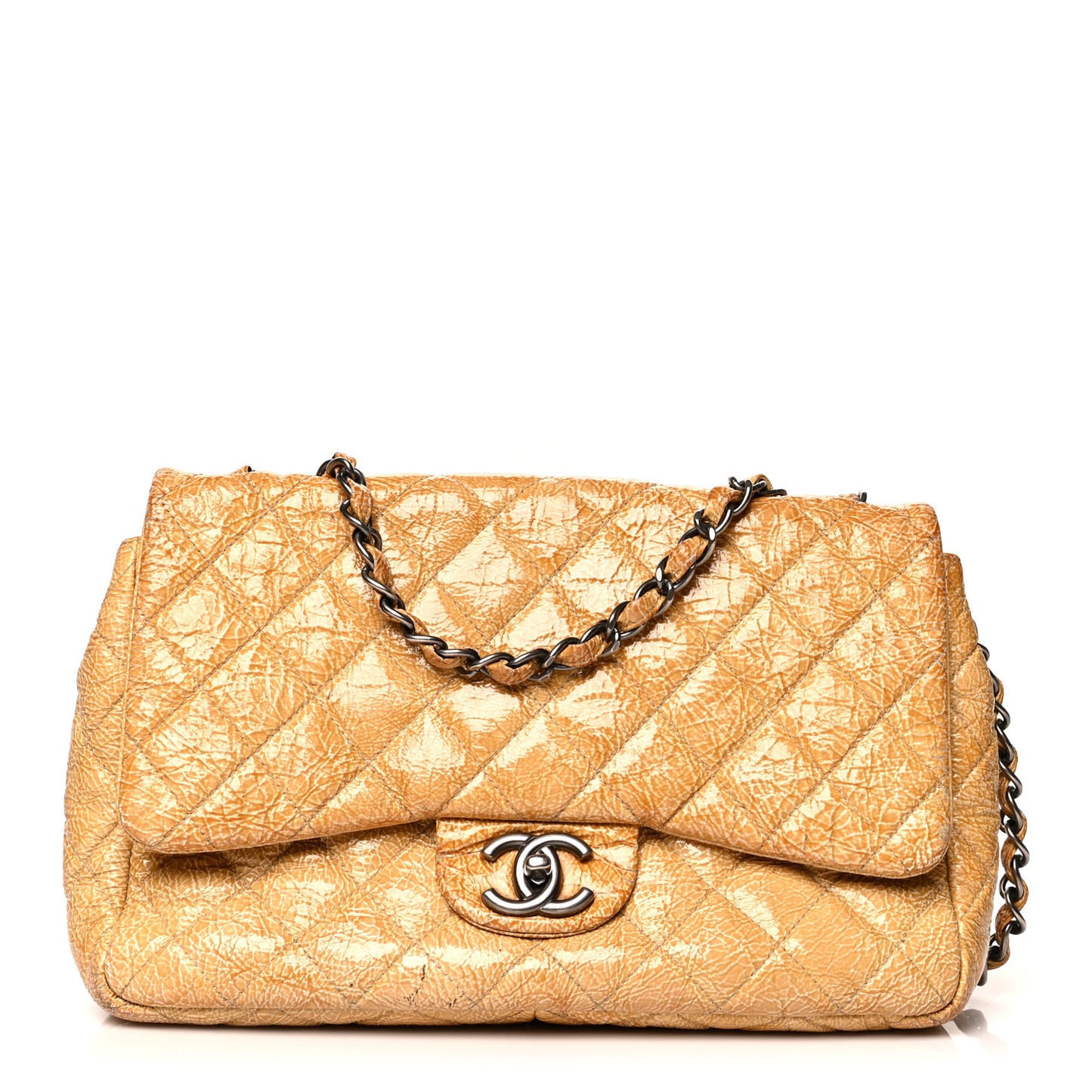 Crinkled Patent Quilted Jumbo Single Flap Light Beige