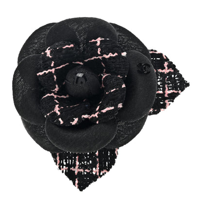 Chanel Tweed Camellia Pin Brooch Black Pink 1 of 3