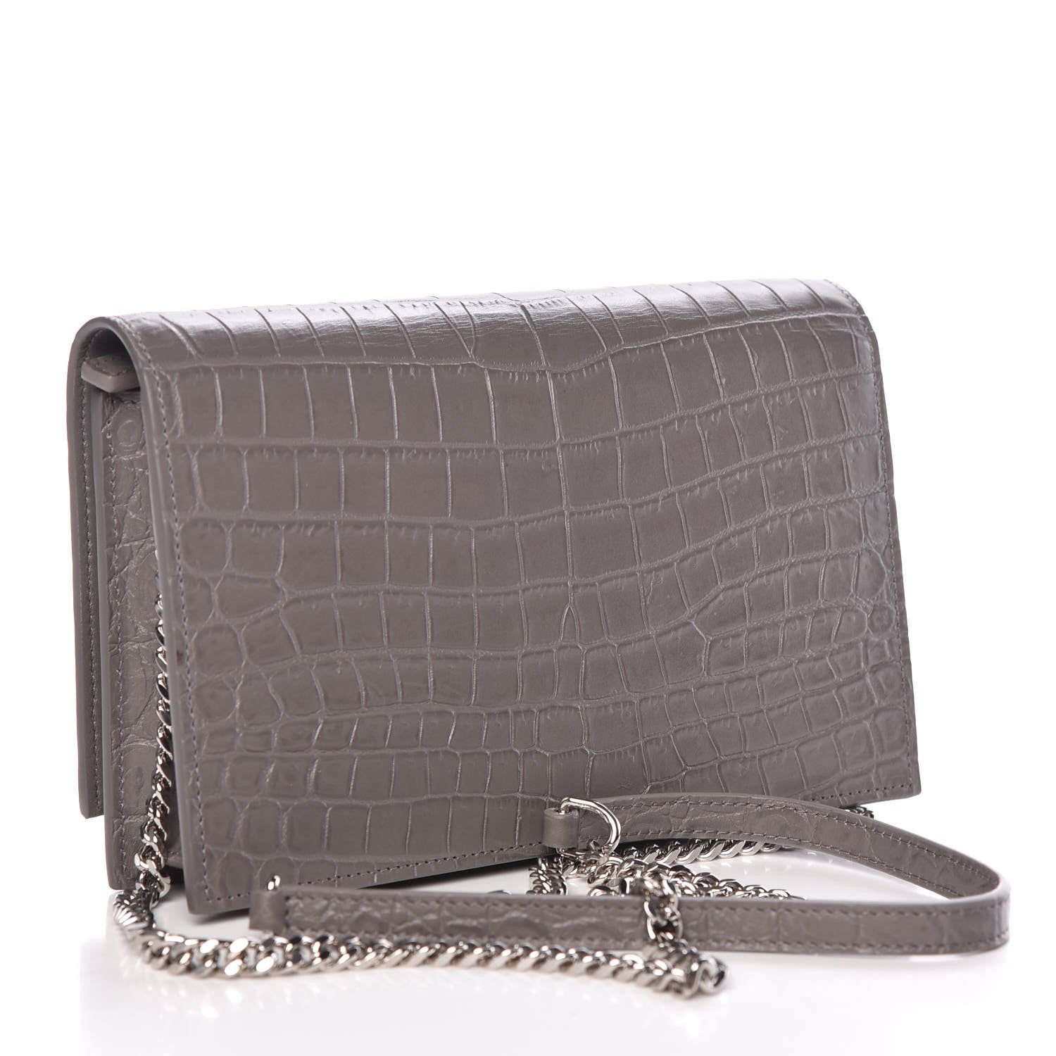 Saint Laurent Calfskin Crocodile Embossed Kate Monogram Tassel Chain Wallet Fog 3 of 10