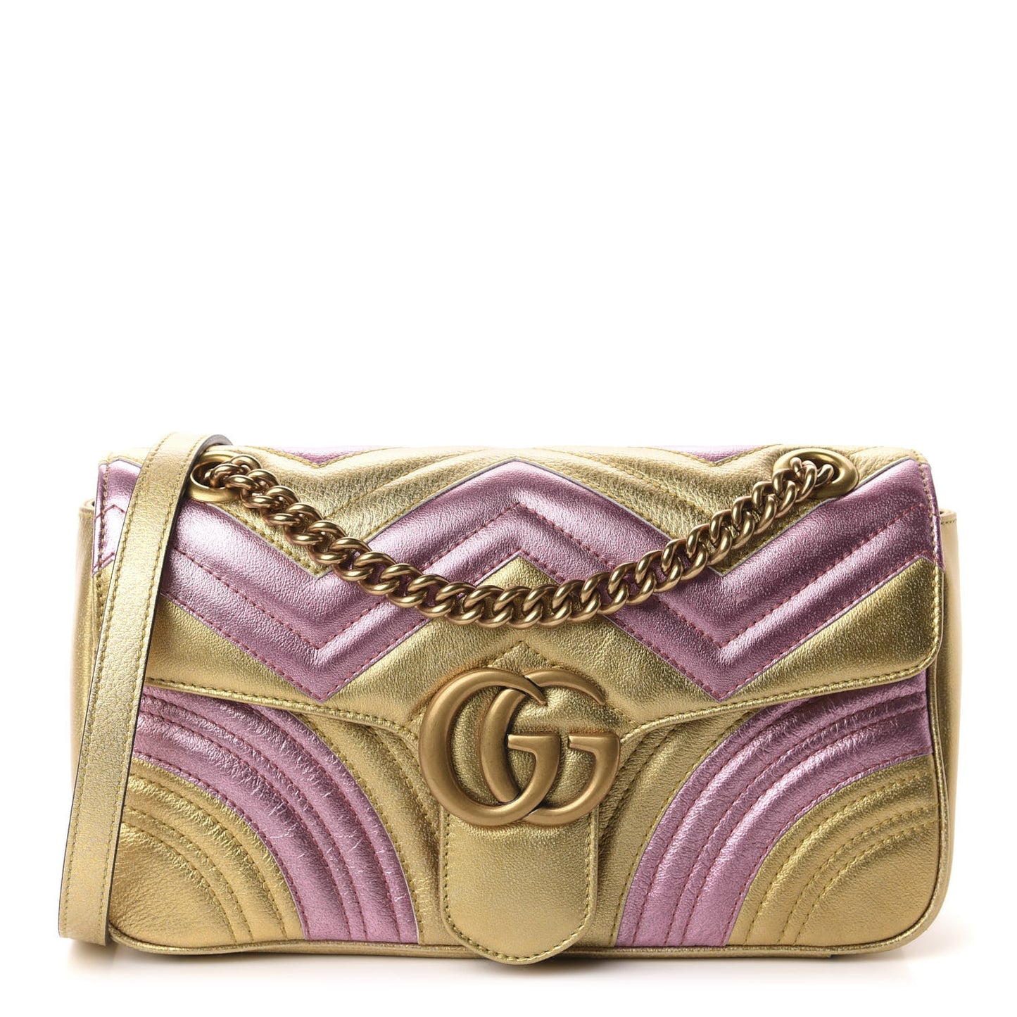 Metallic Calfskin Matelasse Small GG Marmont Shoulder Bag Gold Pink
