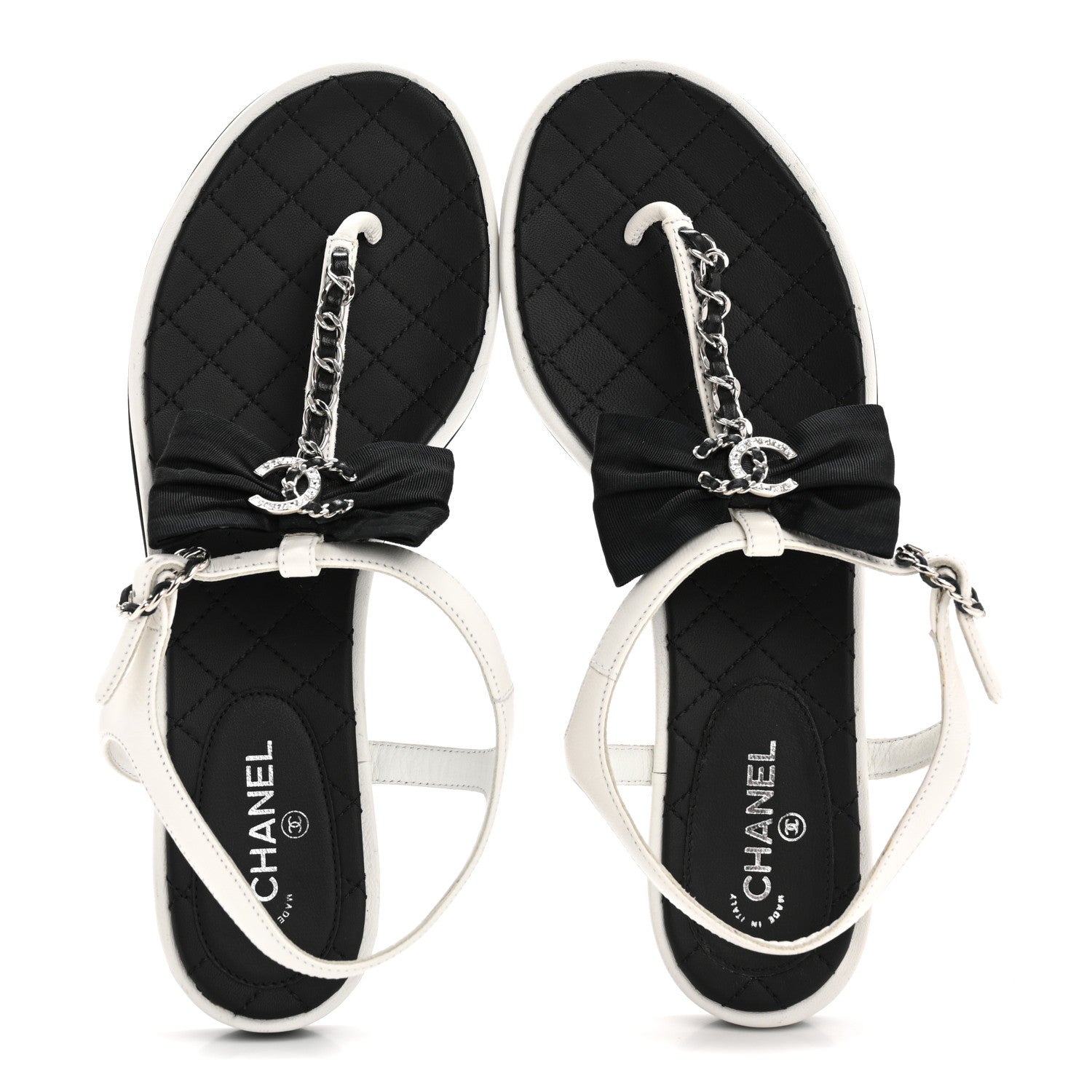 Chanel Lambskin Crystal Chain CC Logo Thong Sandals 38 White 2 of 10