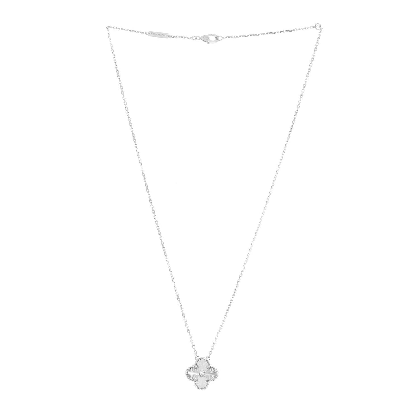 18K White Gold Diamond Guilloche Vintage Alhambra Pendant Necklace