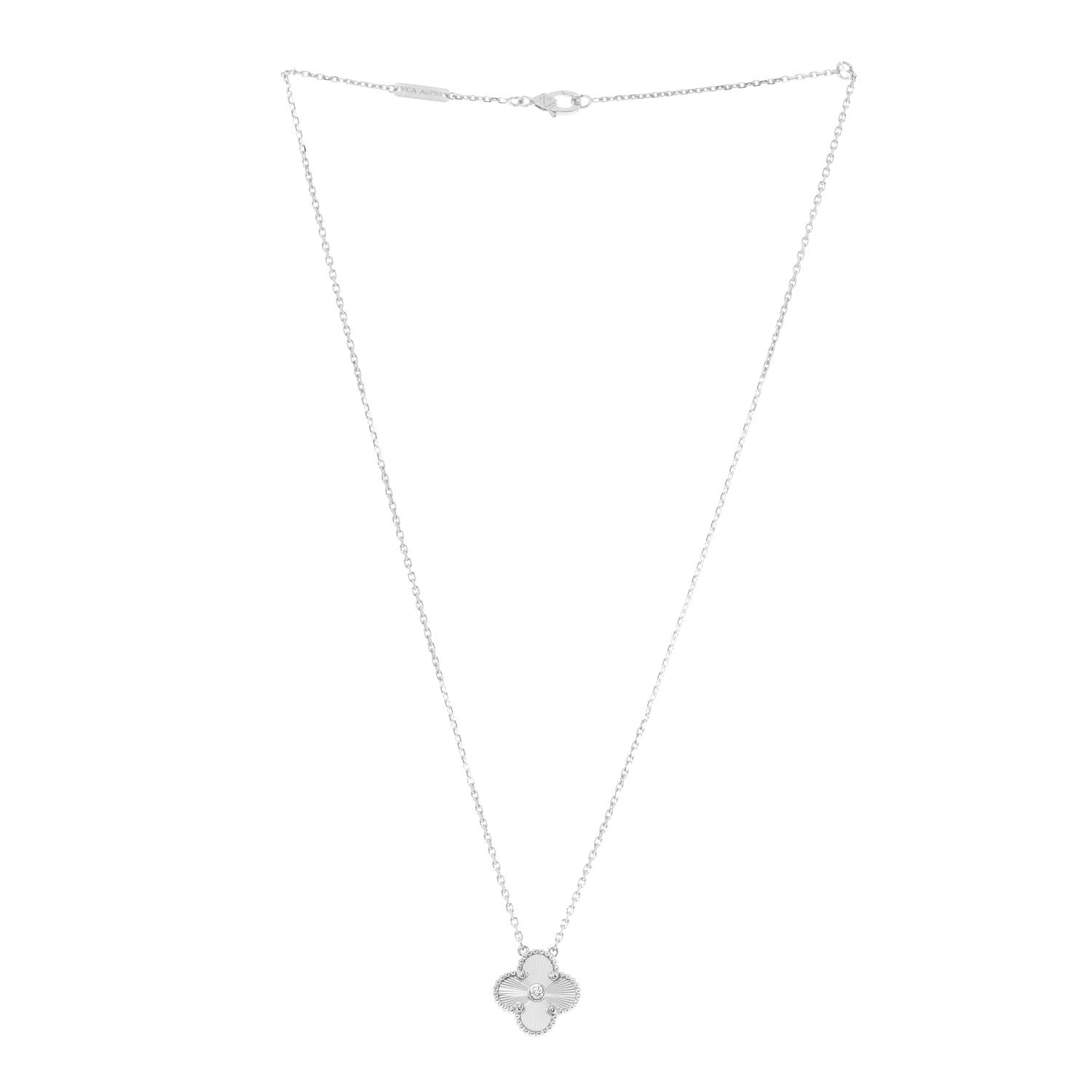 Van Cleef & Arpels 18K White Gold Diamond Guilloche Vintage Alhambra Pendant Necklace 3 of 6