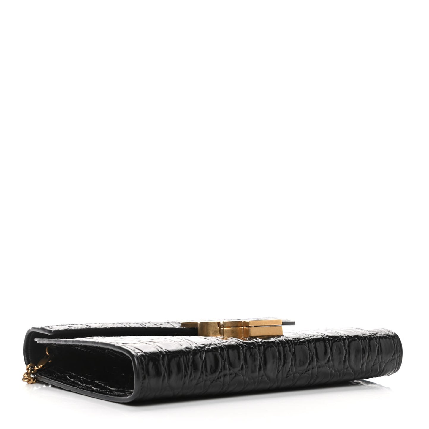 Calfskin Crocodile Embossed Monogram Cassandra Chain Wallet Black