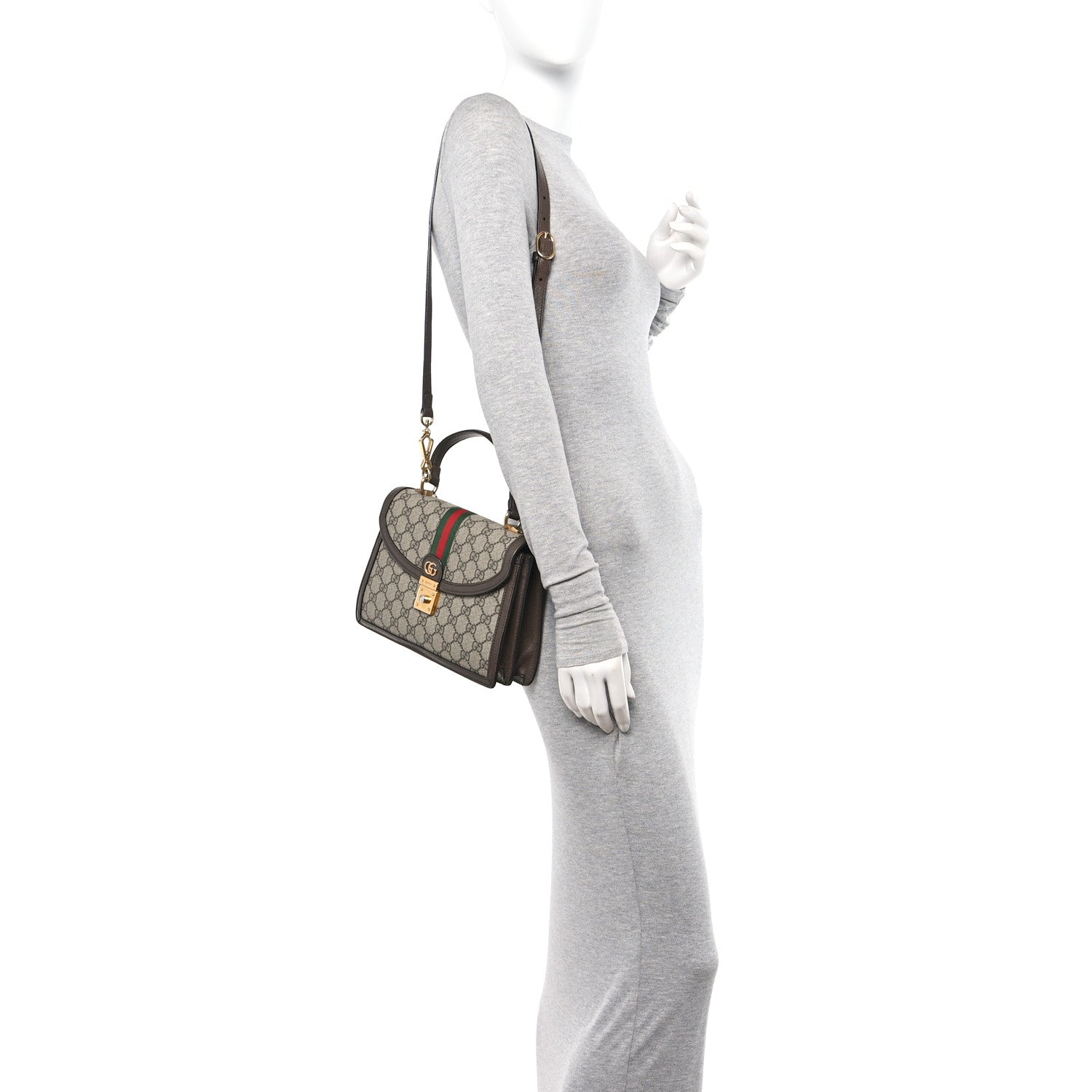 Gucci GG Supreme Monogram Textured Dollar Calfskin Web Small Ophidia Padlock Top Handle Bag Beige Ebony New Acero 2 of 15