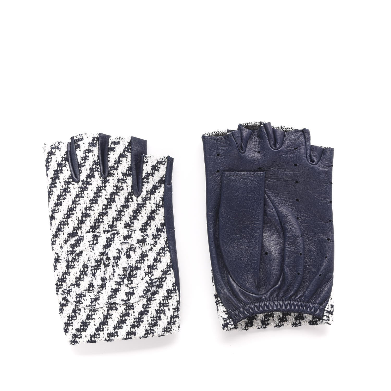 Chanel Lambskin Tweed CC Fingerless Gloves 7 Navy White 1 of 6