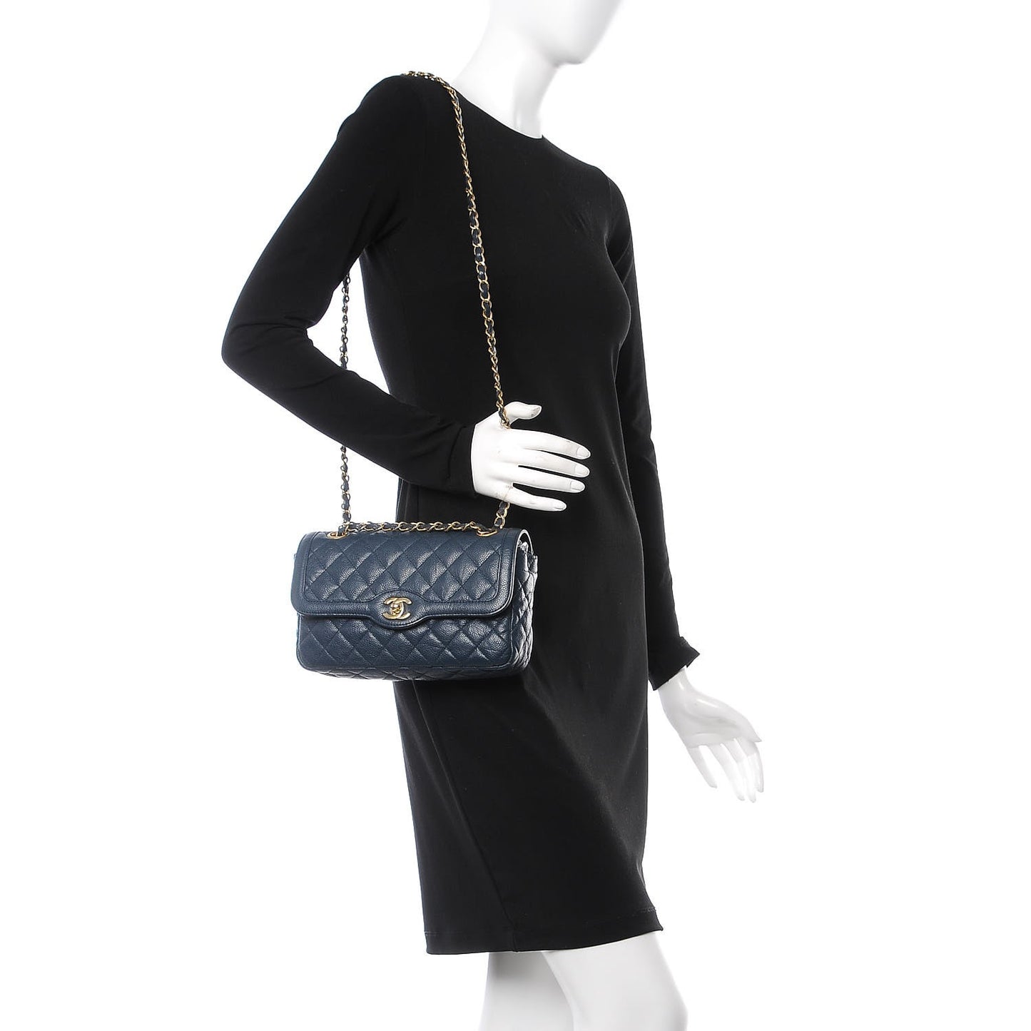Crumpled Grained Calfskin Small Two Tone Flap Navy