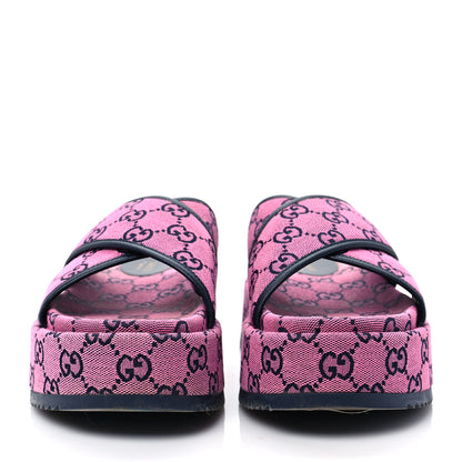Gucci Monogram Multicolor Criss Cross Platform Slide Sandals 38 Pink Blue 2 of 9