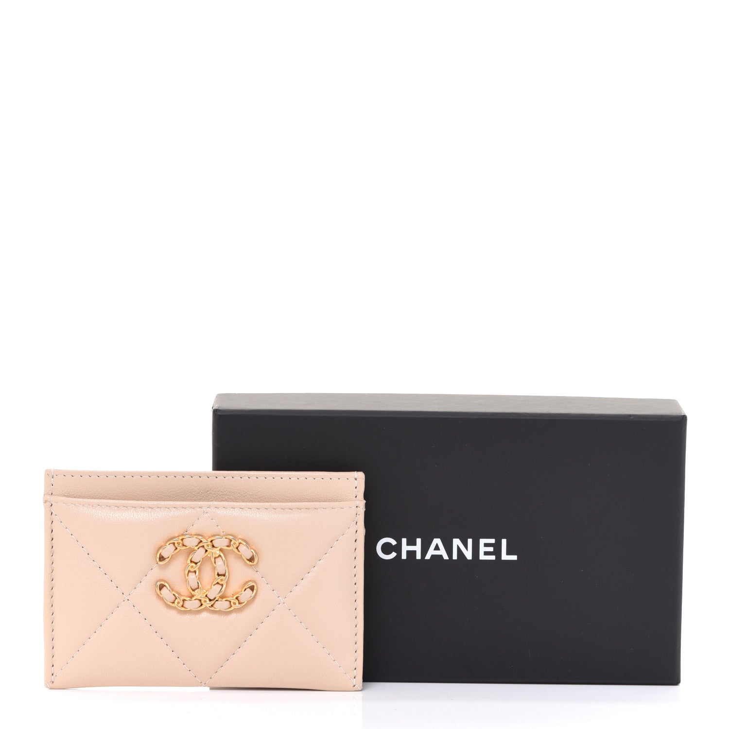 Chanel Shiny Goatskin Quilted Chanel 19 Card Holder Beige 9 of 9