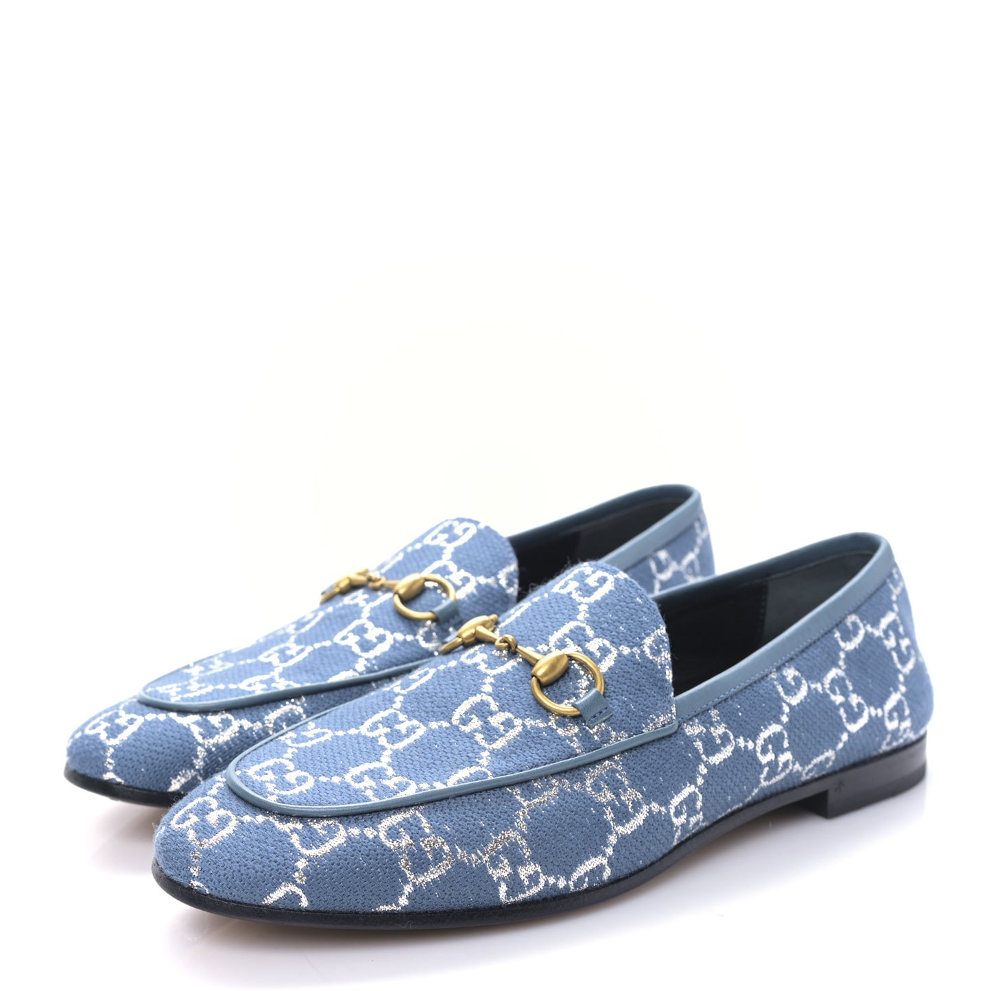 Canvas Lame GG Monogram Horsebit Womens Jordaan Loafers 37.5 Blue Silver Cornflower Blue