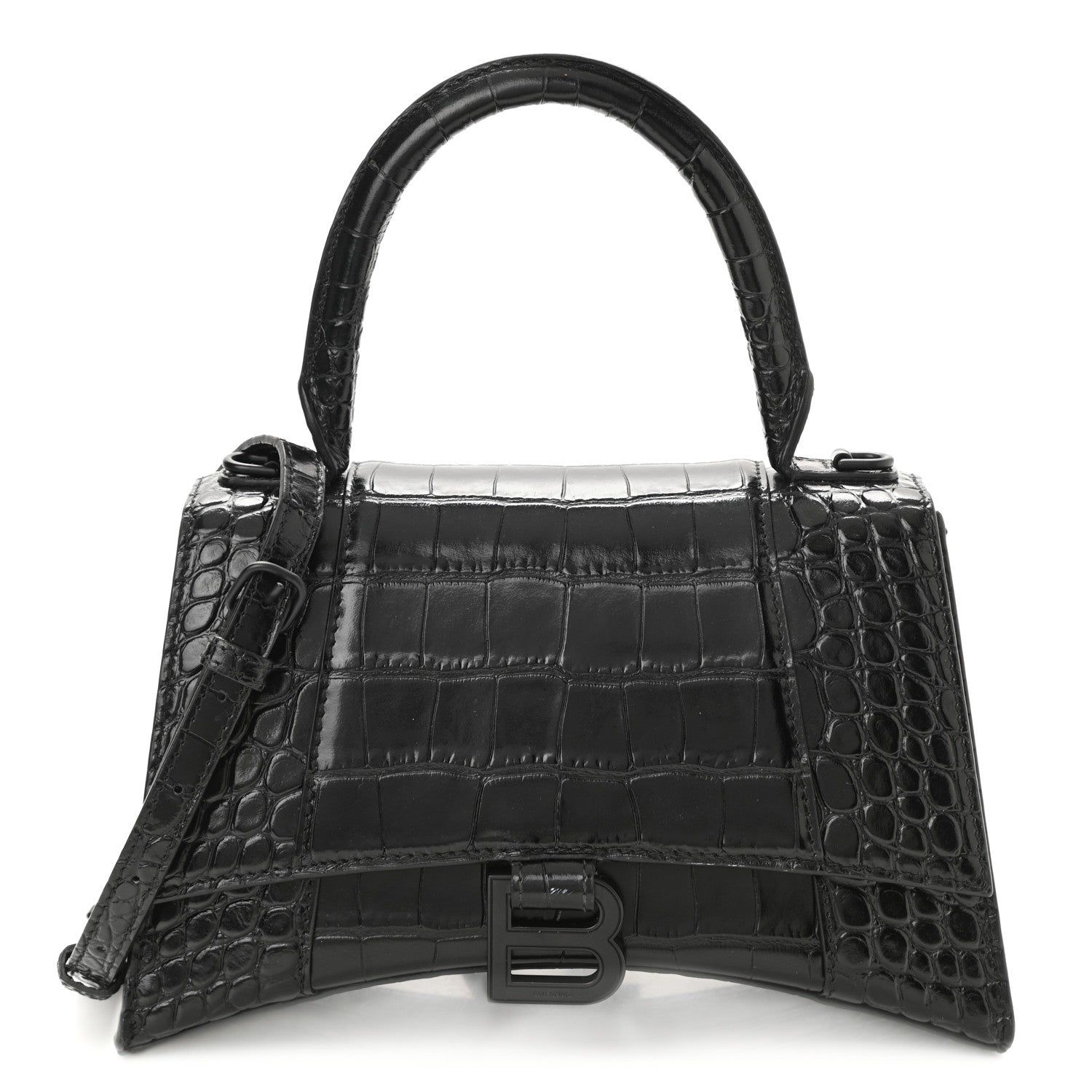Balenciaga Shiny Calfskin Monochrome Crocodile Embossed Small Hourglass Top Handle Bag Black 1 of 8