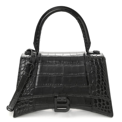 Balenciaga Shiny Calfskin Monochrome Crocodile Embossed Small Hourglass Top Handle Bag Black 1 of 8