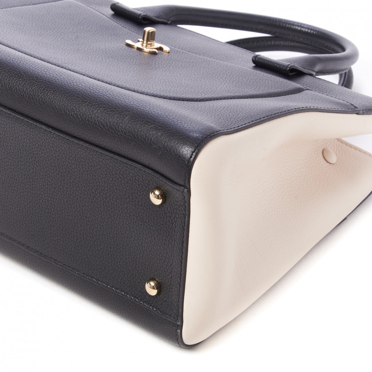 Grained Calfskin Small Bi-Color Neo Executive Shopper Tote Black Beige