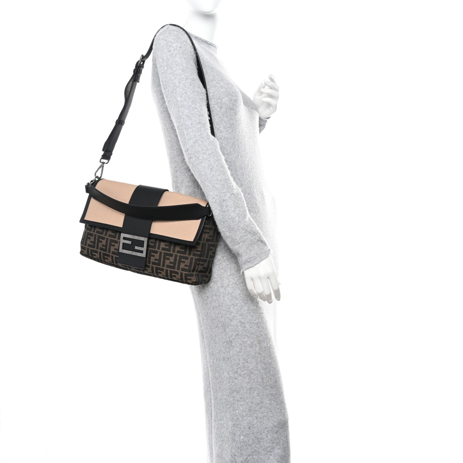 Fendi Recycled Fabric Jacquard Cotton Canvas Vitello Grace FF 1974 Large Convertible Baguette Tobacco Moro Black Beige 2 of 11