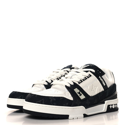 Louis Vuitton Calfskin Monogram Denim Mens LV Trainer Sneakers 10 Black 4 of 8