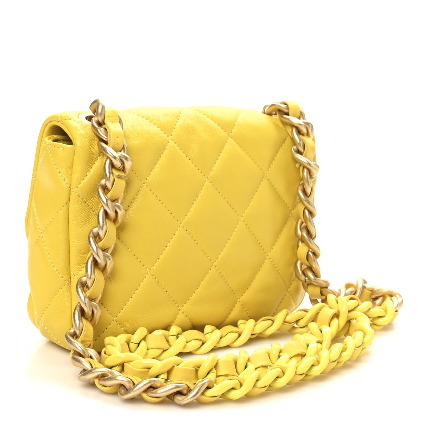 Lambskin Quilted Mini Lacquered Chain Flap Yellow