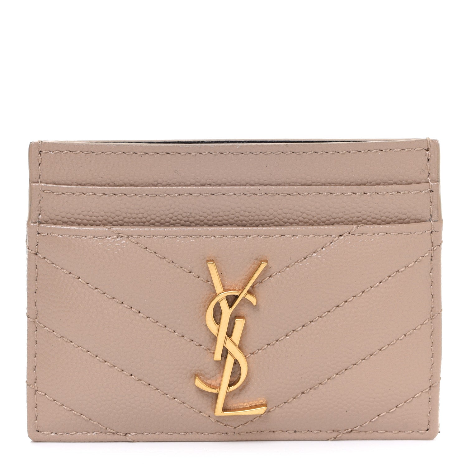 Saint Laurent Grain De Poudre Matelasse Chevron Monogram Credit Card Case Dark Beige 1 of 8