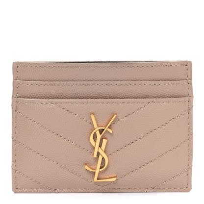 Saint Laurent Grain De Poudre Matelasse Chevron Monogram Credit Card Case Dark Beige 1 of 8