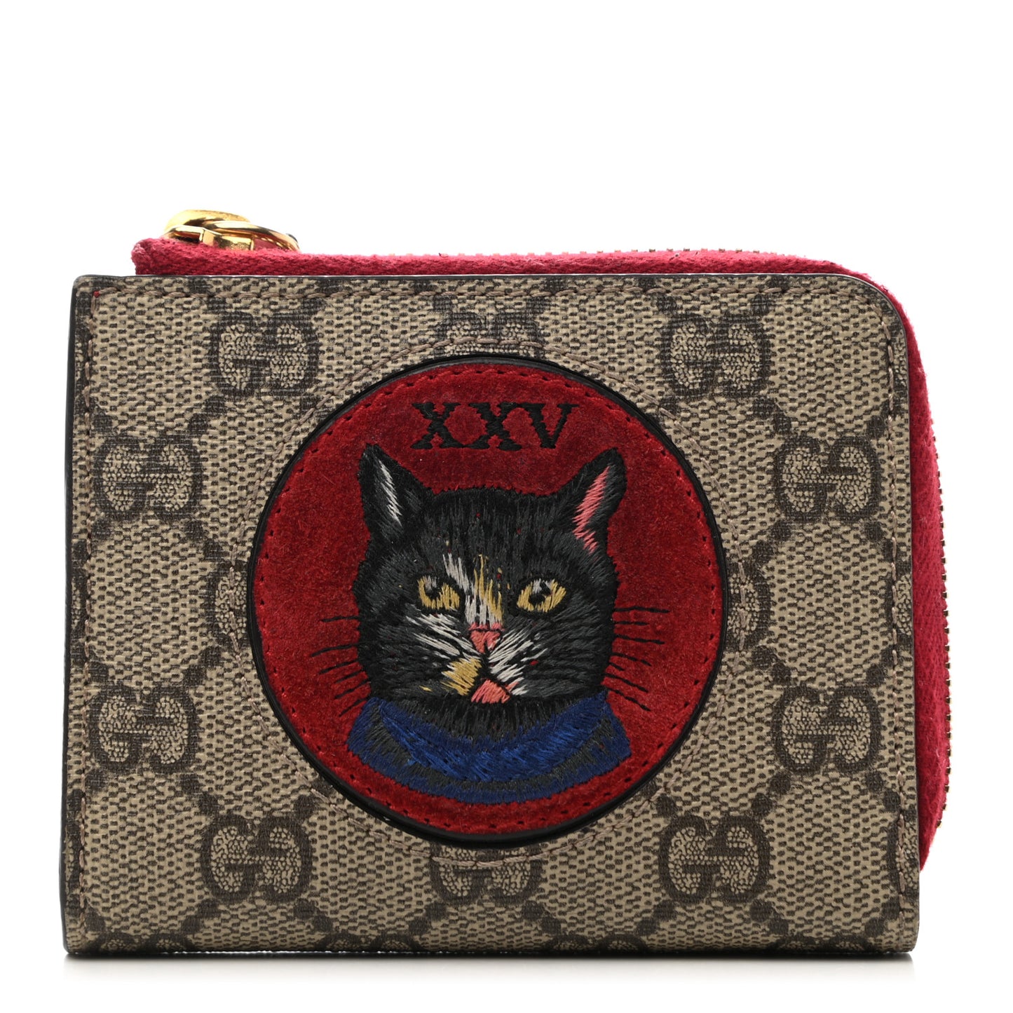 GG Supreme Monogram Mystic Cat Patch Zip Around Card Case Wallet Beige Hibiscus Red