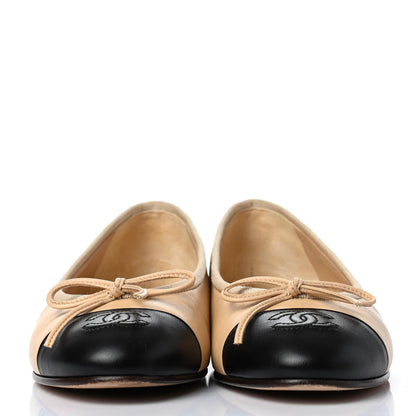 Chanel Lambskin Cap Toe CC Ballerina Flats 36.5 Beige Black 2 of 4