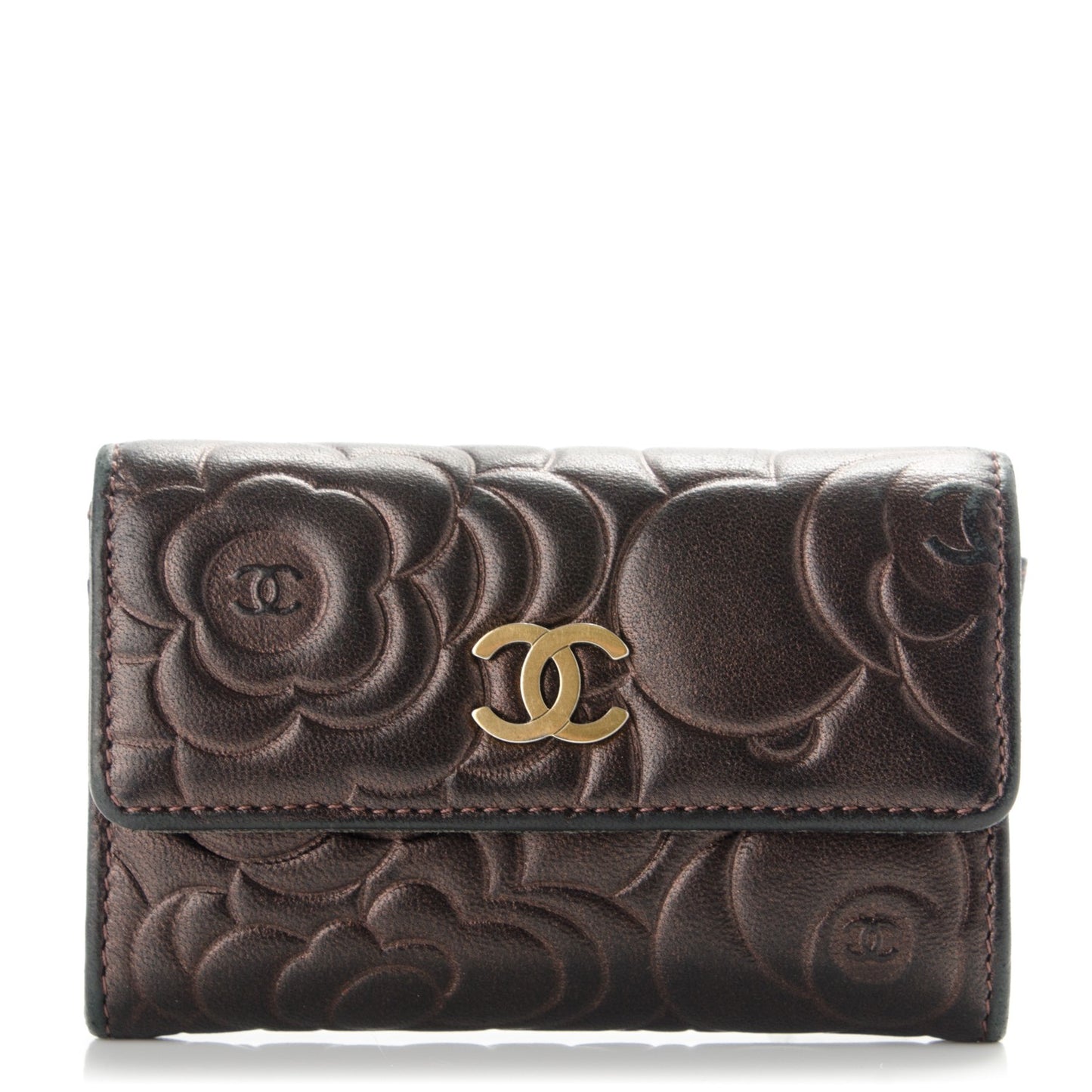 Metallic Lambskin Camellia Embossed Card Holder Brown
