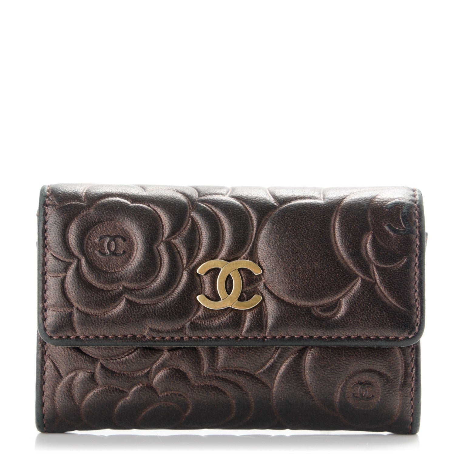 Chanel Metallic Lambskin Camellia Embossed Card Holder Brown 1 of 9