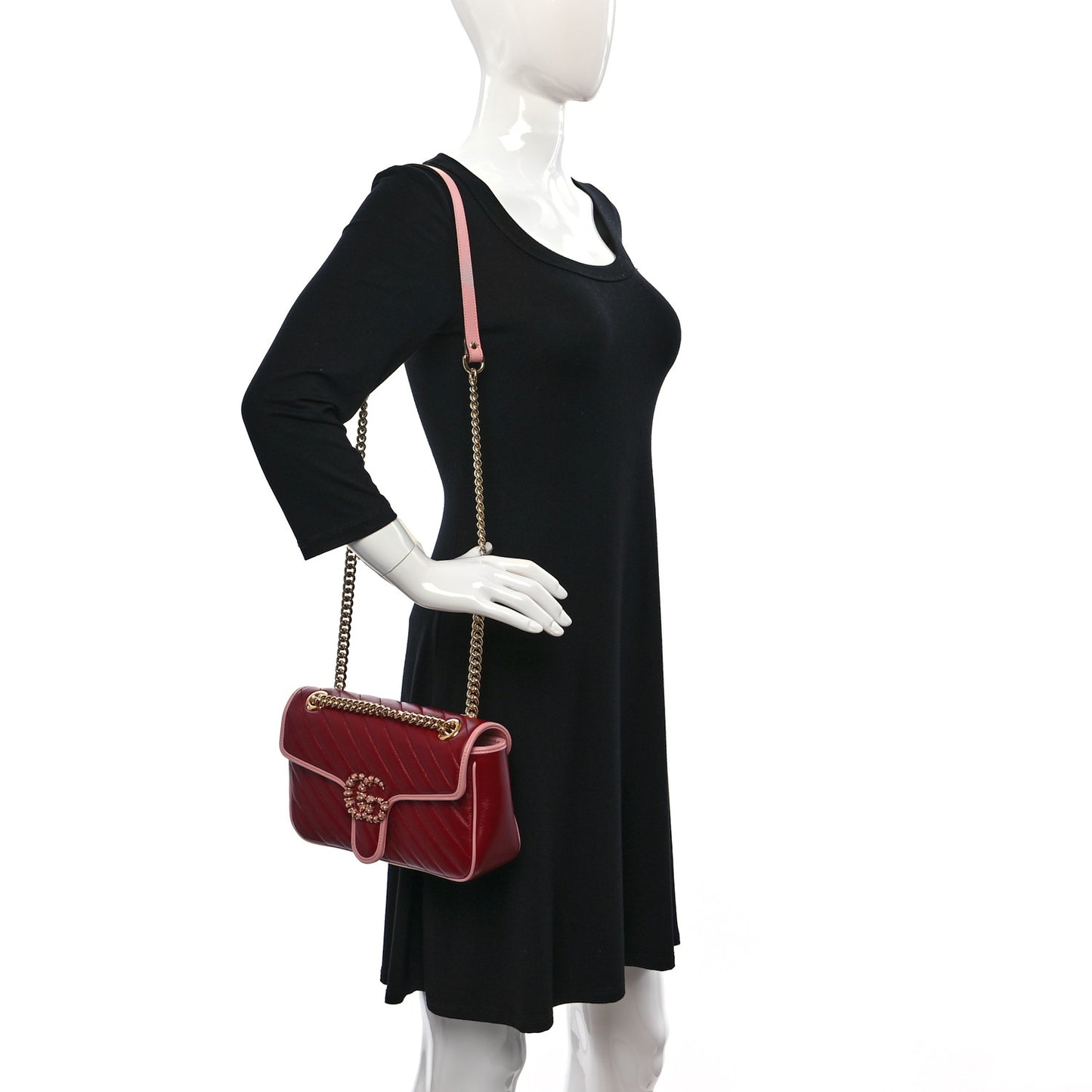 Azalea Calfskin Enamel Matelasse Diagonal Small Torchon GG Marmont Shoulder Bag New Cherry Red Wild Rose